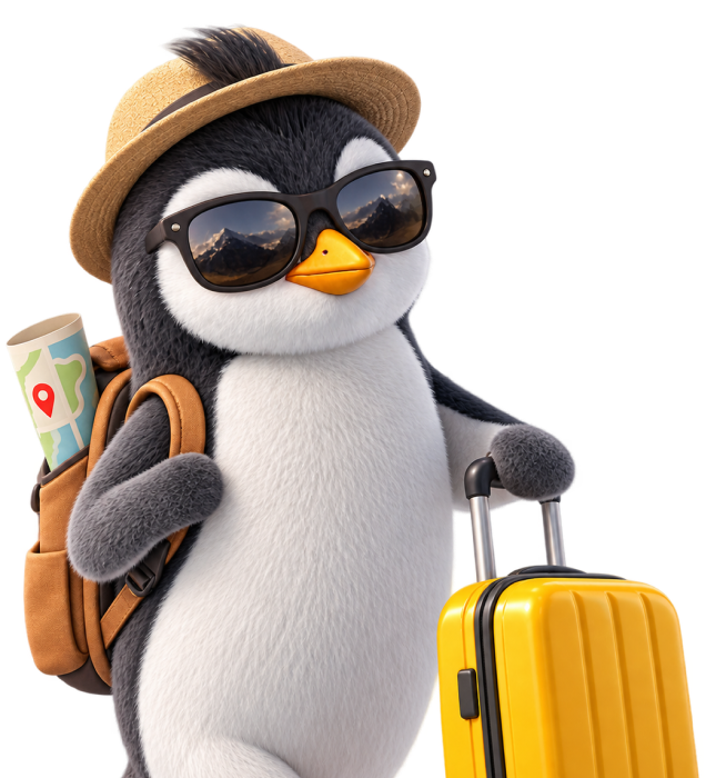 Zingo’s travelling penguin with a yellow suitcase