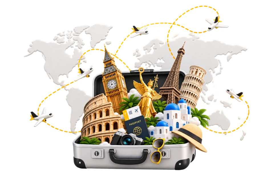 A suitcase of world landmarks against a map with flight paths